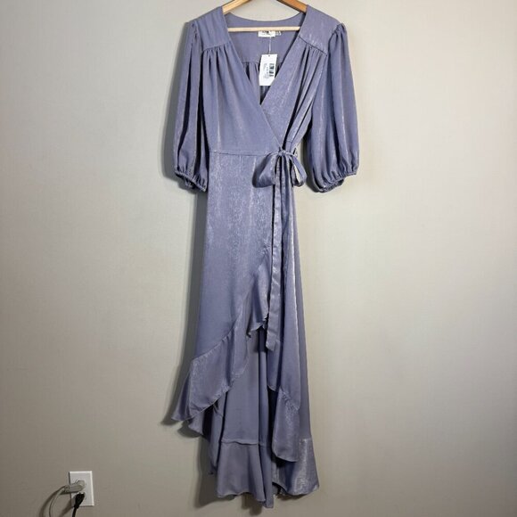 Flounce London Maternity Satin Puff Sleeve Wrap Maxi Dress Women's 12 Purple NWT - Picture 6 of 16